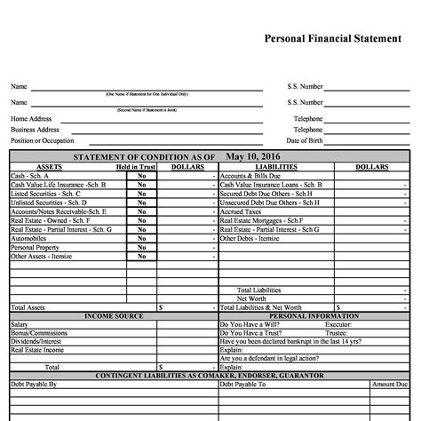 personal financial statement template in excel